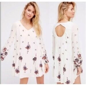 Free People Oxford Embroidered Mini Dress Swing M Floral Boho Hippie Flowy Gauze